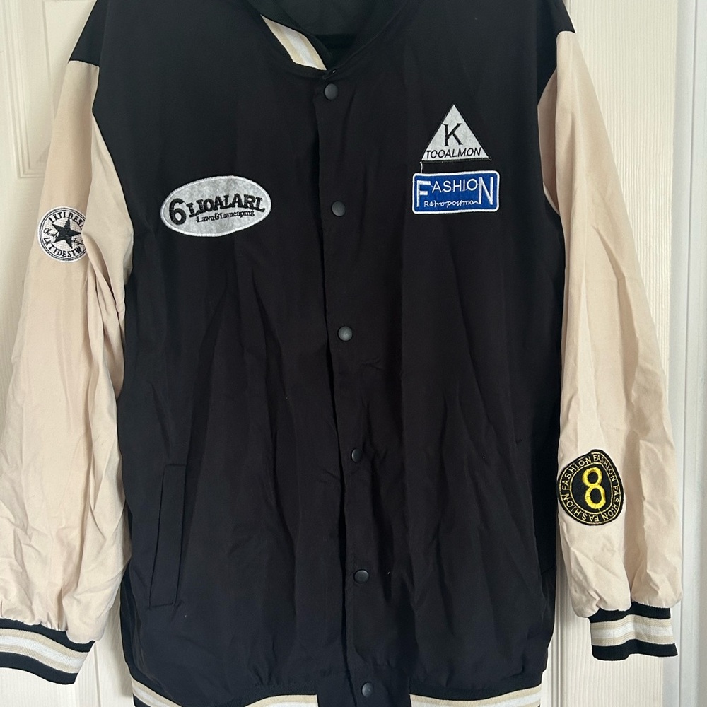Men's Black and Cream Varsity Jacket Size XXL fits like a large